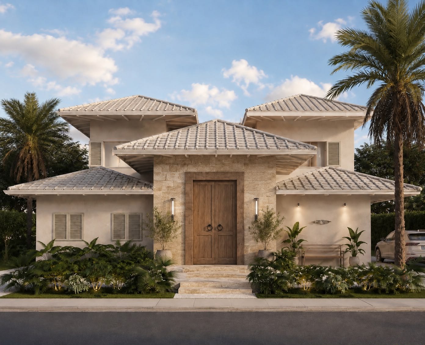 Villa El Cielo front façade with stone entrance, carved wooden doors and hipped tile roofs