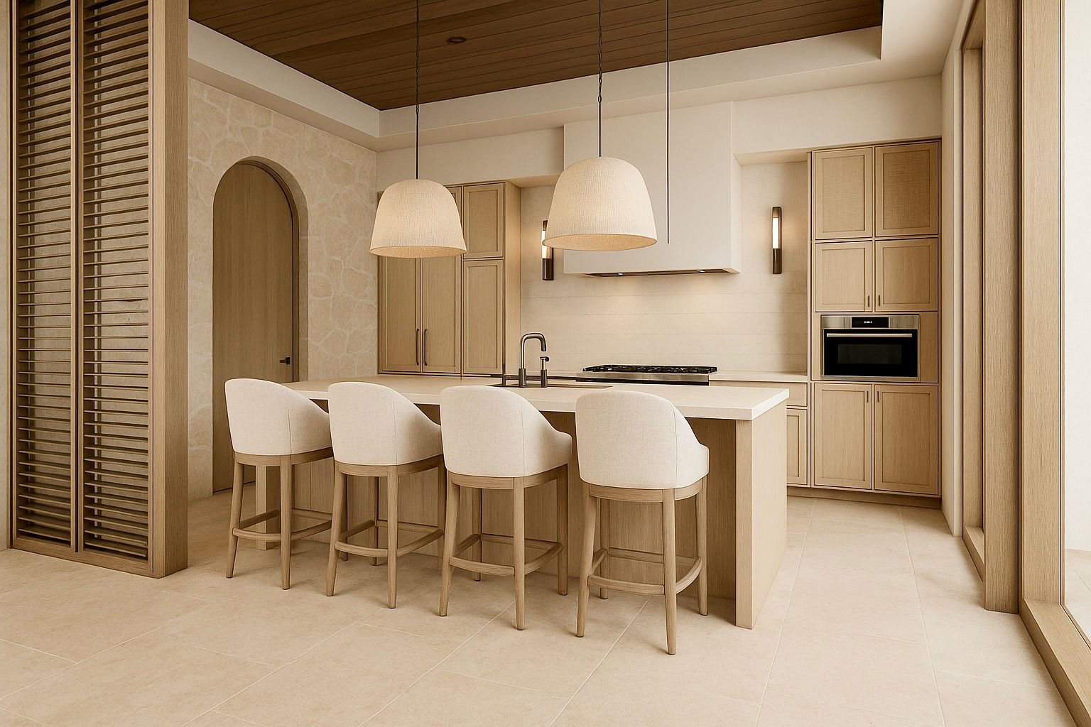 Kitchen with oak cabinetry, stone island and arched doorway