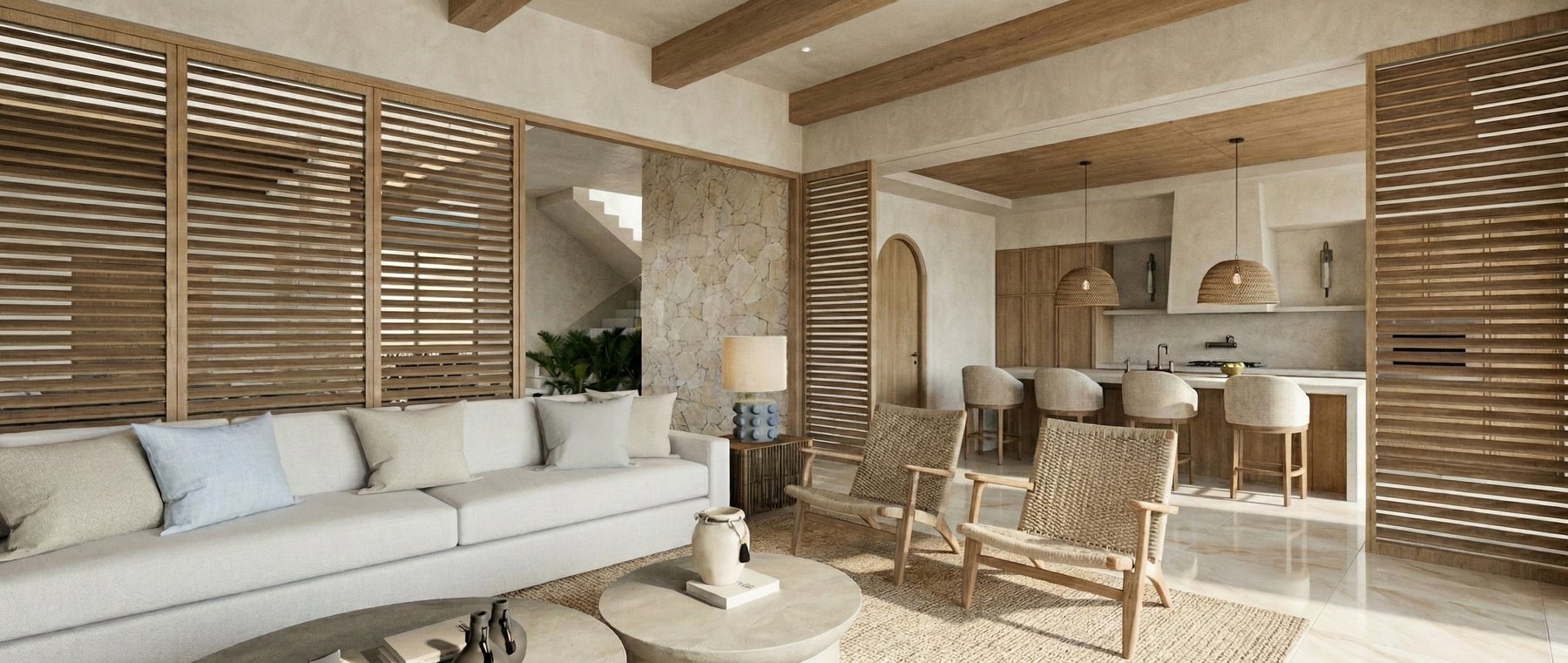 Open living room with timber louvres and beams, opening to the kitchen